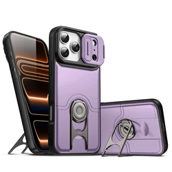 Metal Ring Stand Armor Shockproof Slide Window Phone Cover - 14 Plus or 15 Plus (Purple)
