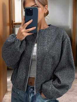 Veste courte à col rond et fermeture éclair pour femme, vêtement d'extérieur doublé en laine, à la mode, pour les déplacements domicile-travail, automne et hiver