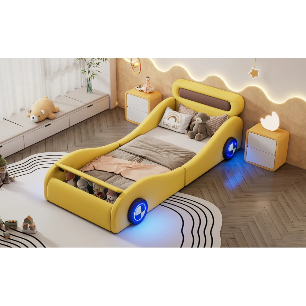 Gelbes PU-Leder-Autobett für Kinder, gepolstert, 90 x 200 cm, mit leuchtenden Rädern, Kinderbett für Jungen und Mädchen, Schlafzimmermöbel – Detail 15
