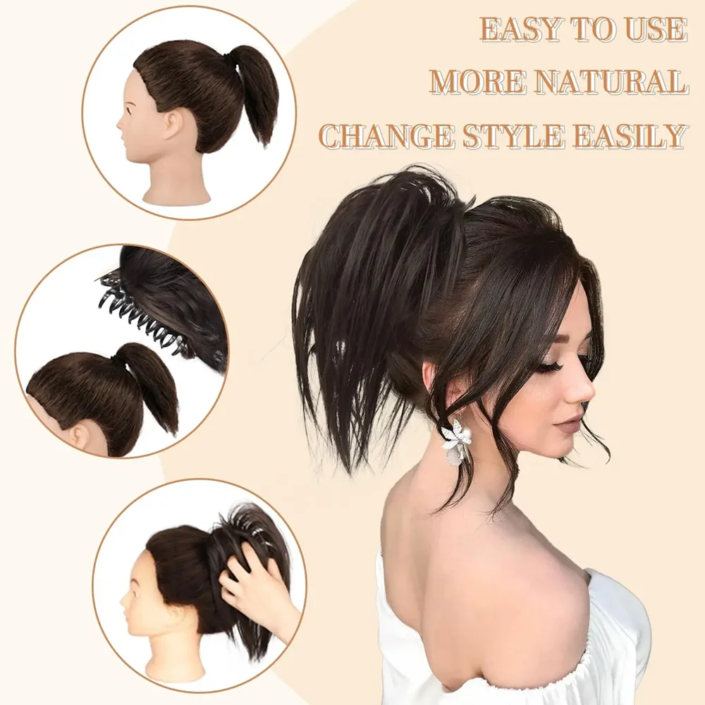 Synthetic Short Ponytail 8 inch Messy Bun Hair Piece Claw Clip in Hair Buns Straight Short High Ponytail Extensions for Women
