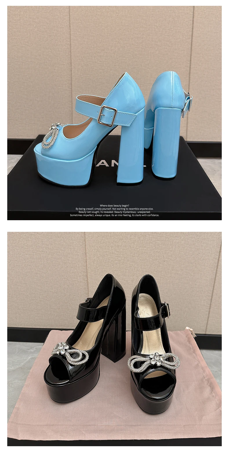 Summer 2023 New Water Platform Super High Heel Peep Toe Sandals Round Toe Lacquer Leather Diamond Bowknot Pumps