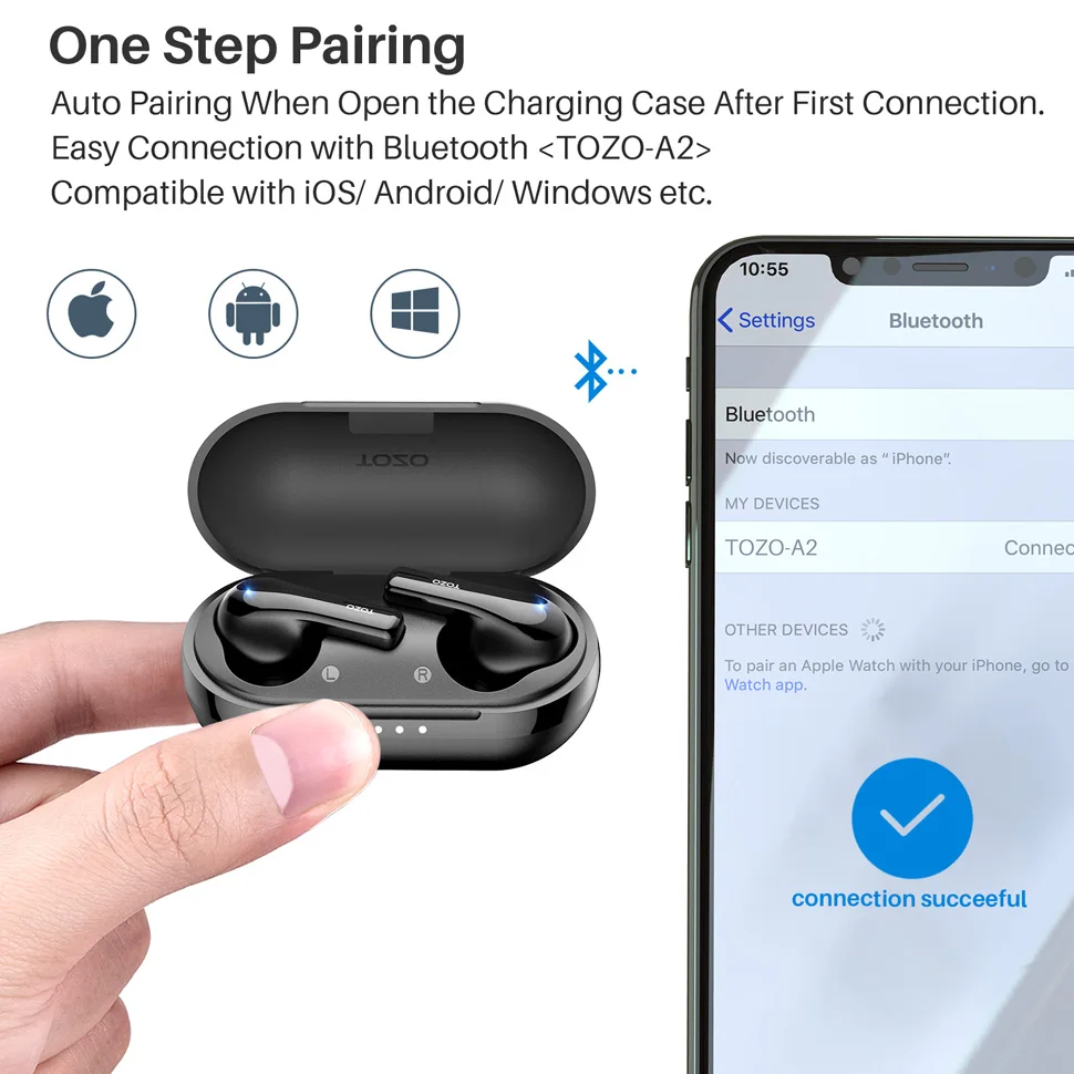 TOZO A2 Wireless Earbuds Bluetooth 5.3 in Ear Light-Weight Headphones Built-in Microphone IPX5 Waterproof 6