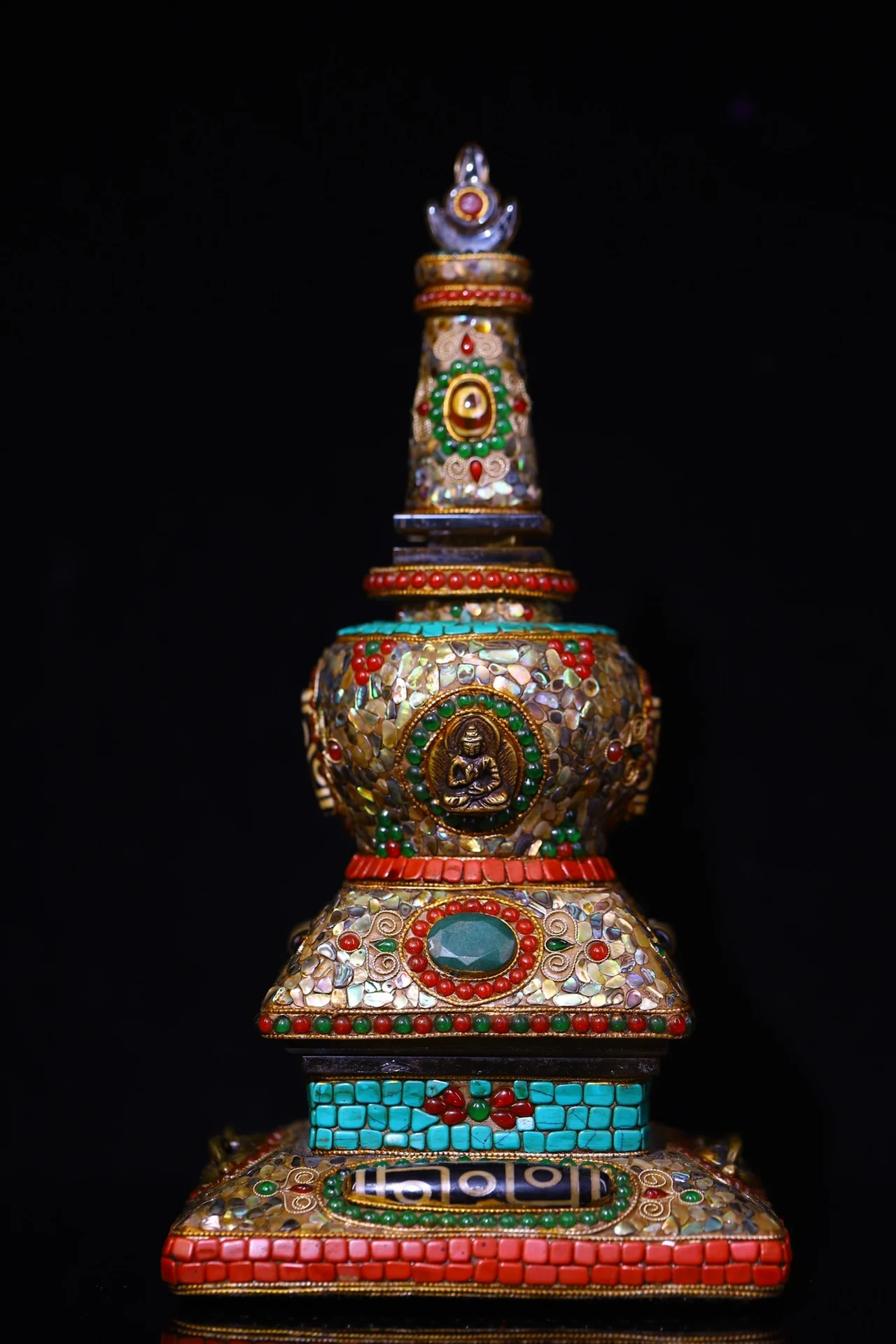 

10"Tibetan Temple Collection Old Crystal Mosaic Gem gZi Beads Shell Turquoise Shakyamuni Buddha Pagoda Stupa Worship Hall