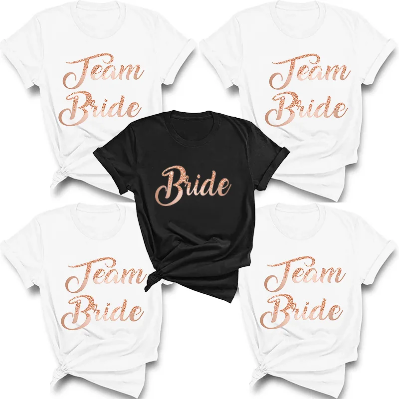 

Team Bride Rose Gold Print T Shirts Bachelorette Shower Hen Party Bridesmaid T-Shirts Aged Girls Wedding TShirt Bride Tops Tees