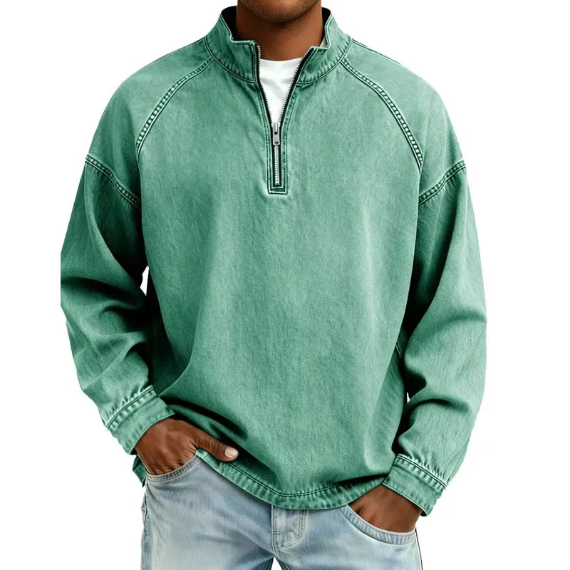Autumn New Mens Pullovers Sweatshirts Zipper Stand Solid Top Heavyweight Distressed Washed Denim Casual Hoodie For Men Clothing