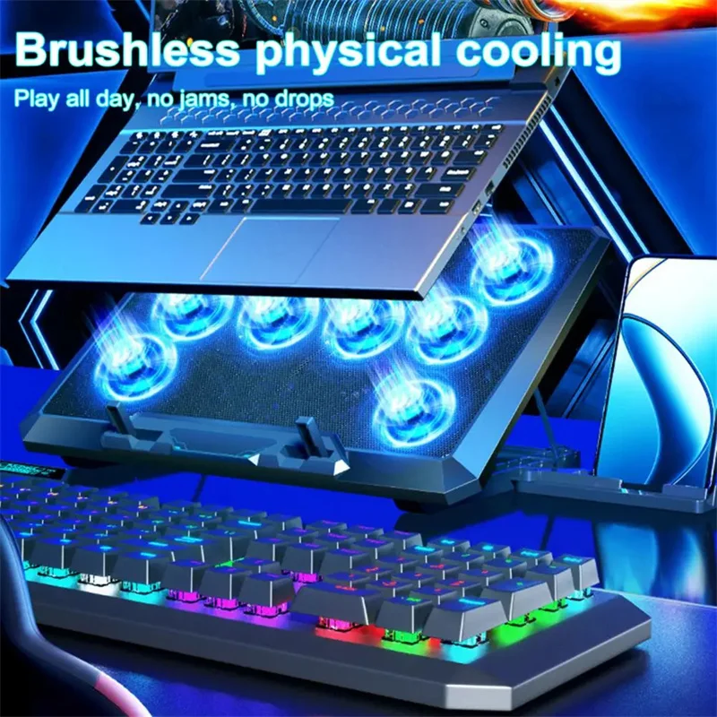 Portable Laptop Stand Cooler 8 Fans 2 USB Ports With RGB Light HD Display Laptop Cooling Pad Adjustable Notebook Phone Holder