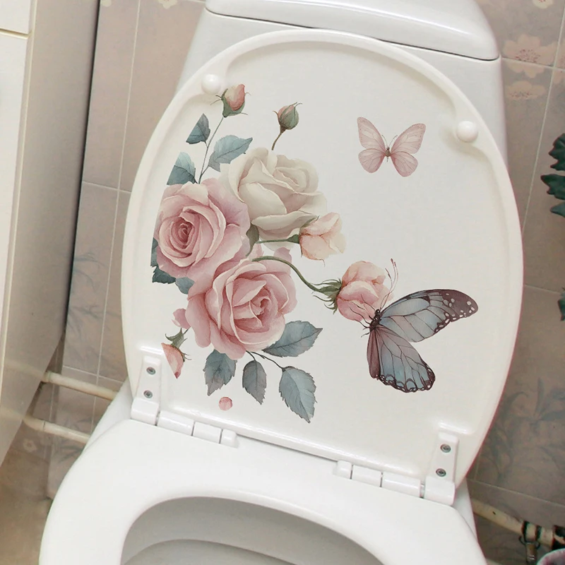 Flowers And Butterflies Pattern Decorative Toilet Wall Sticker For Bathroom Decor Wall Decor Adhesive Wallpaper Toilet