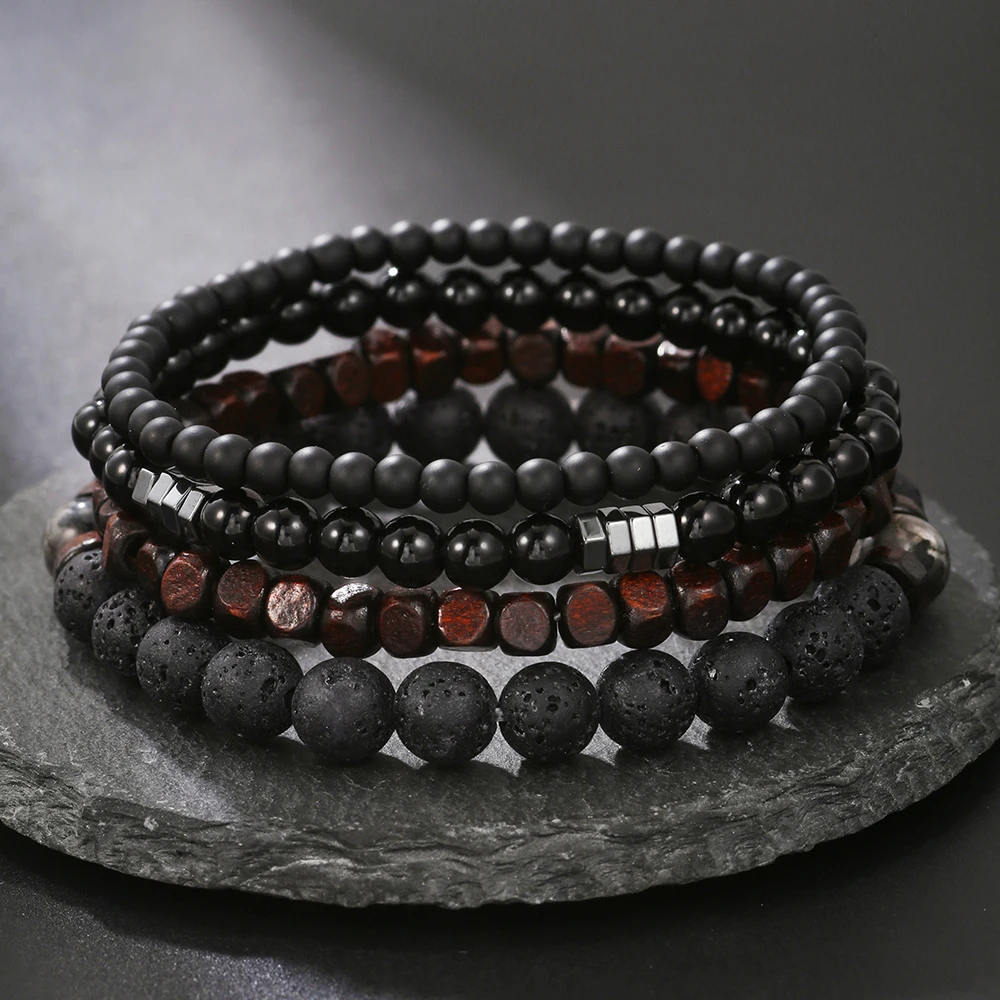 Gall Stone Volcanic Stone Wood Beads Men's Bracelet 4Pcs/Set For Couple Friends