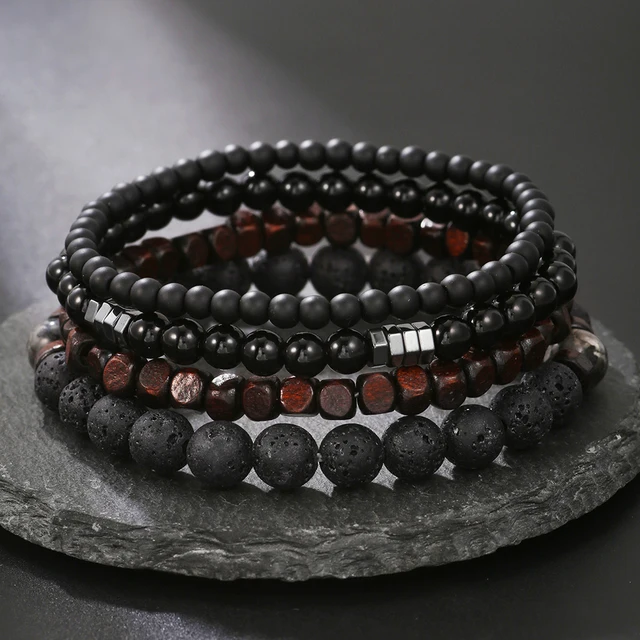 4 pièces/ensemble pierre de galle noire pierre volcanique perles de bois multicouche hommes combinaison Bracelet élastique pour Couple amis bijoux