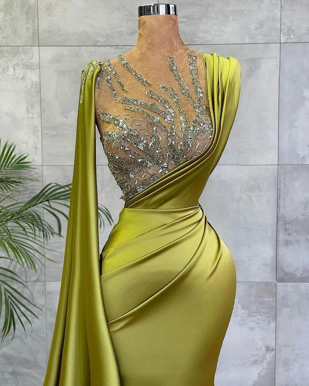 New Arabic Lemon Green Satin Mermaid Evening Prom Dresses Sheer Mesh Top Sequin Beads Ruched Formal Occasion Dress One Shoulder