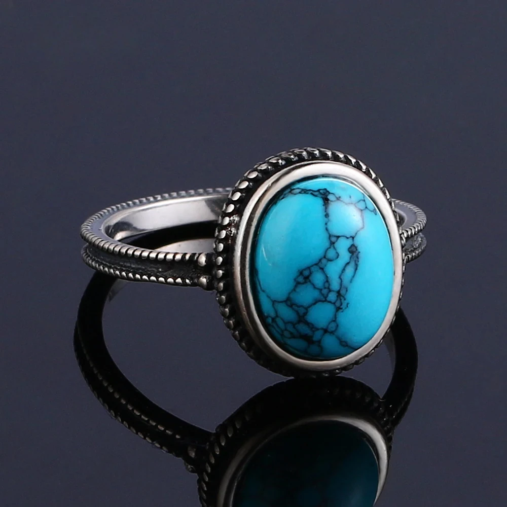 

Natural Oval 8*10MM Turquoise Ring 925 Sterling Silver Ring Party Anniversary Gift for Women Man Retro Stone Ring Jewelry