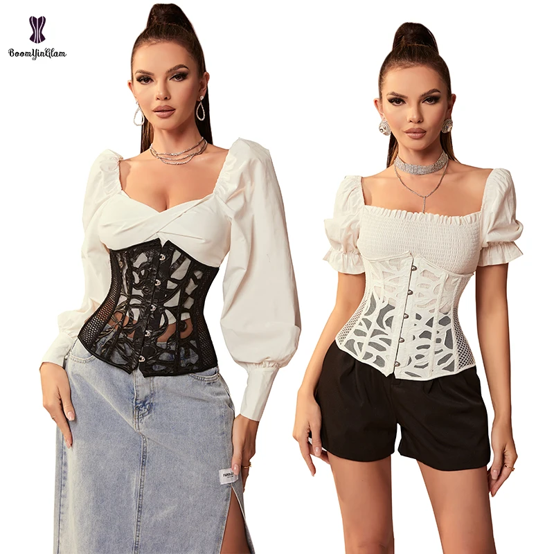 Summer Hollow Out Waist Cincher Shaper 5 Metal Busk Women Black Leather Translucent Mesh Underbust Corset Top Plus Size XS-6XL