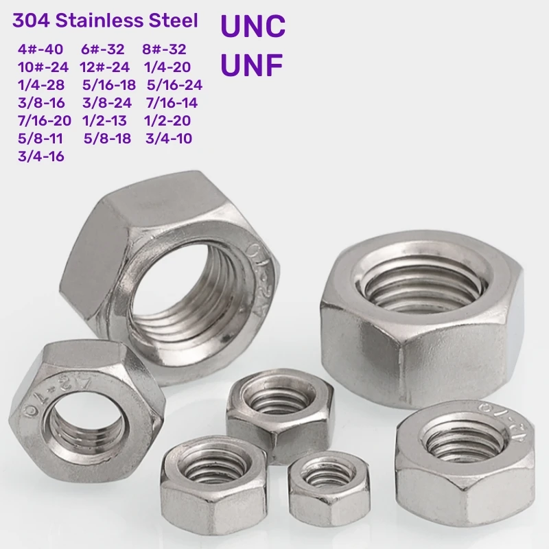 

UNC UNF Hex Nut 4# 6# 8# 10# 12# 1/4 5/16 3/8 7/16 1/2 5/8 3/4 304 A2 Stainless Steel US Standard Coarse Fine Thread Hexagon Nut