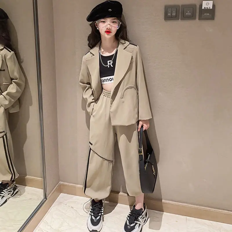 

Girls Blazer Suits Clothing Sets Spring Autumn Kids Jackets+Pants with Belt Fashion Loose Formal Teenage Casual Outfits 4-14Year