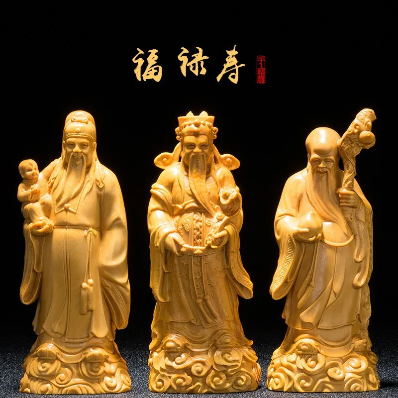 

Fu Lu Shou statue 3 wealth gods wooden statue wood carving buddha Figures Home Feng Shui Carving handmade art 18k gold buddha