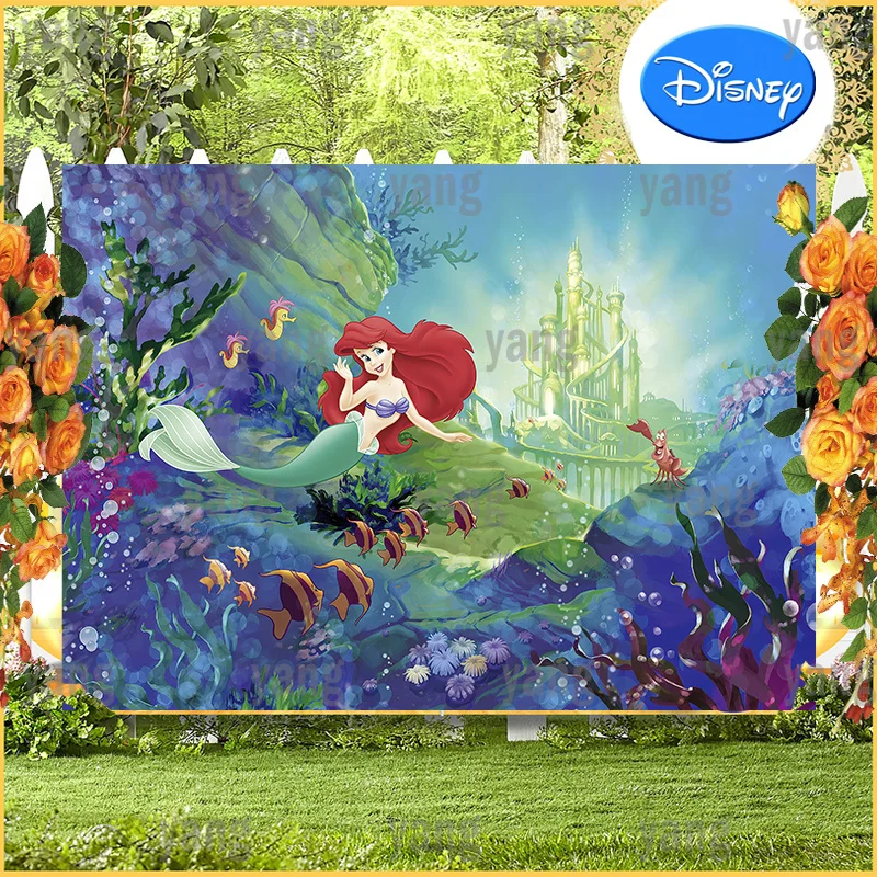 Disney Little Mermaid Ariel Princess Golden Castle Wedding Background Blue Sea Background Girls Baby Birthday Party Decoration
