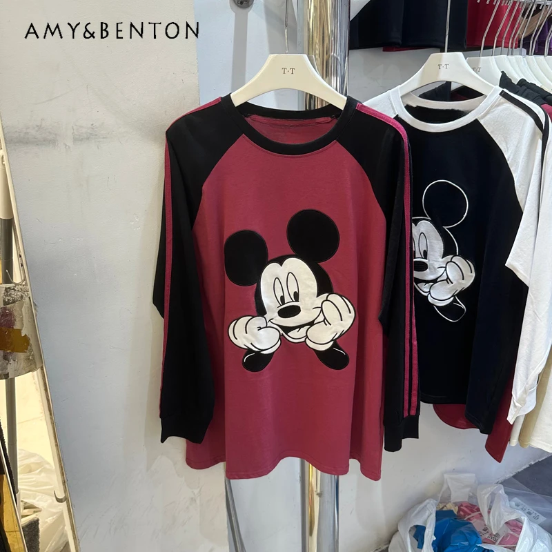 

Autumn New Round Neck Cartoon Pattern Raglan Sleeve Color Matching Long Sleeve T-shirt Bottoming Shirt Y2k Top Oversized T Shirt