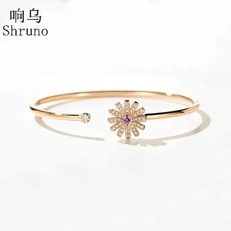 

Shruno 18k Yellow Gold Small Daisy Diamonds Bracelet Unique Flower Jewelry Pink Sapphire Bracelet Women Jewelry Valentine's Day