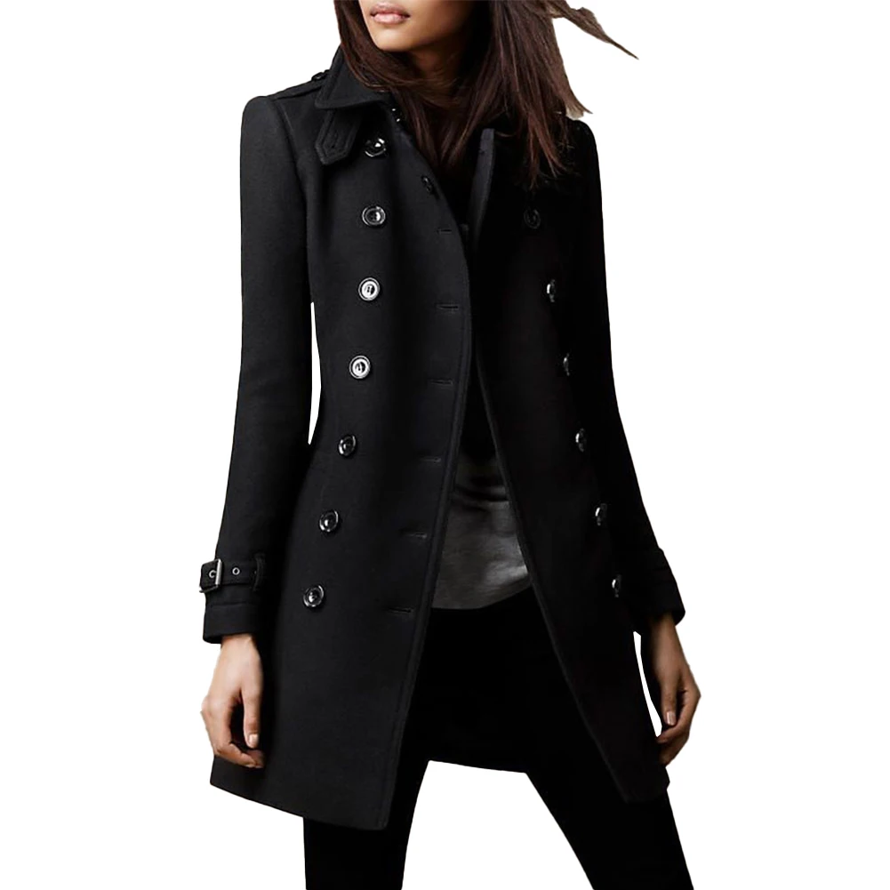 Women Autumn Winter Long Sleeve Double Breasted Lapel Overcoats Faux Wool Coat Trench Jacket Fashion Female Solid Long Parka