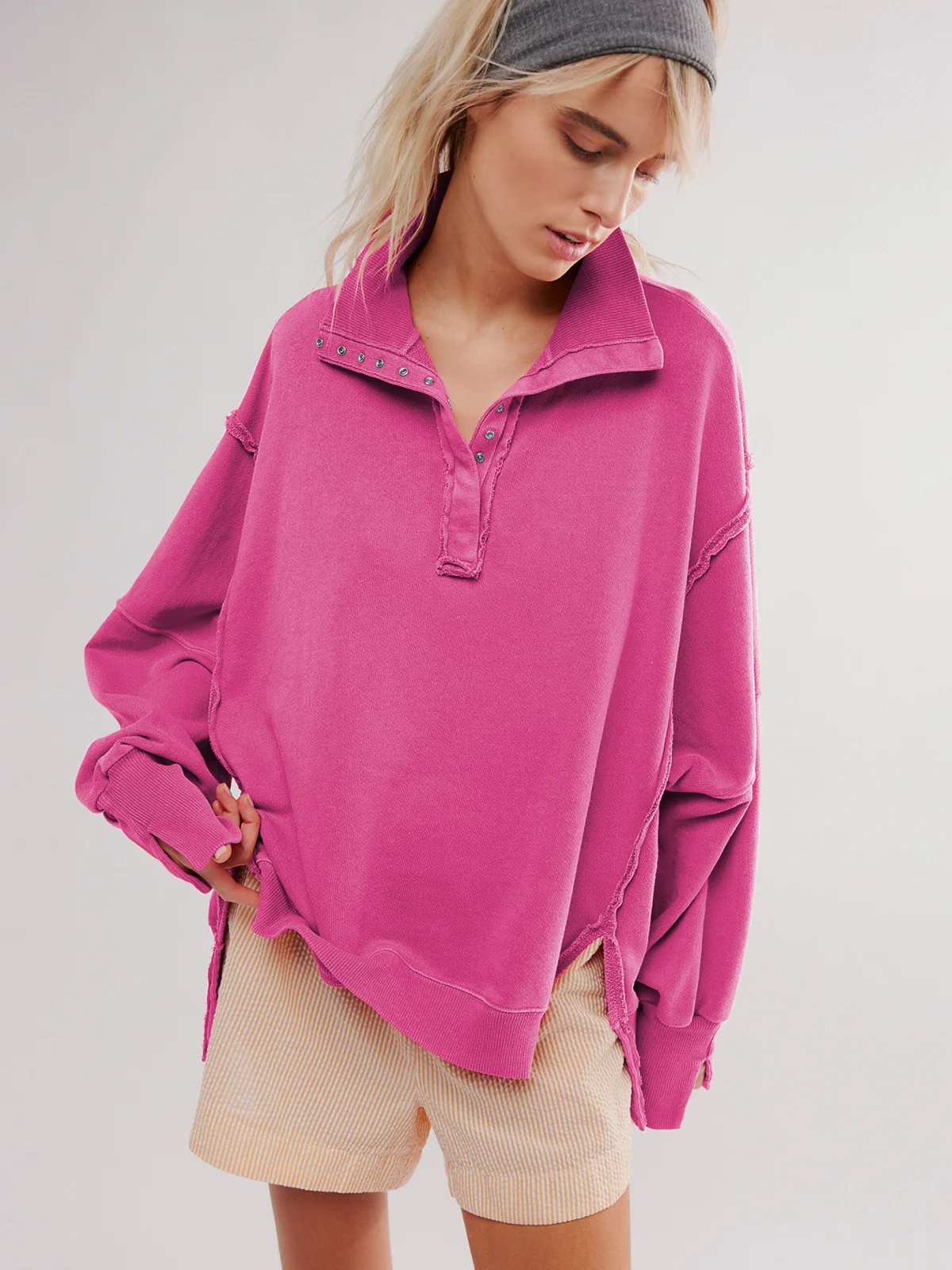 Woman's Autumn Solid Color Sweatshirt Fashion Flip Collar Long Sleeves The Hem Is Irregular Hoodie Ladies Elegant Button Tops