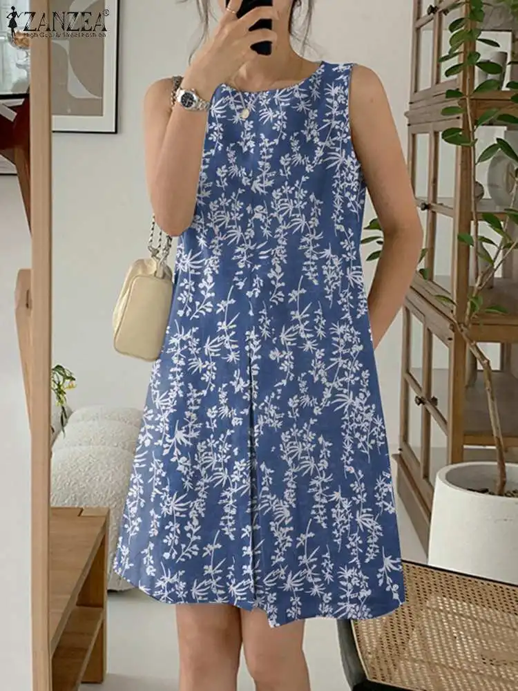 

Женское плиссированное платье ZANZEA без рукавов с принтом, хлопковый сарафан, праздничное богемное мини-платье, летнее винтажное пляжное платье на бретелях