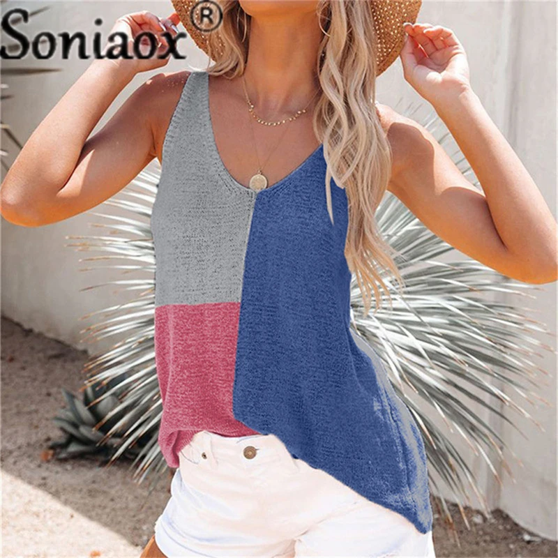 2022 Summer Women's Stitching Tank Top Urban Casual Streetwear Contrast Color Collar Wide Loose Vest Sleeveless Pullover T-Shirt silk camisole