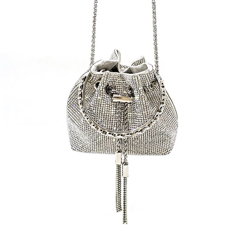 No GIFT BOX women evening party purse diamond tassel tote bag silver crystal cross body shoulder bag