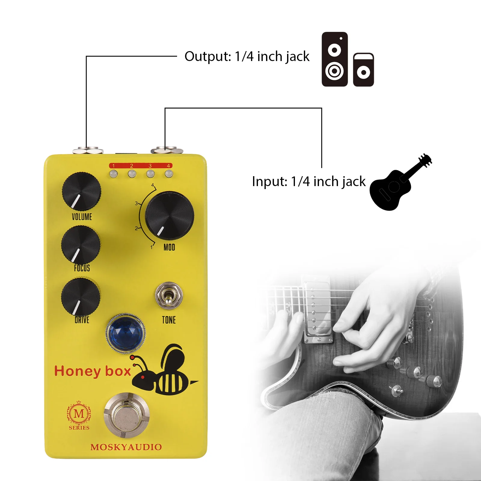 MOSKYAUDIO HONEY BOX DRIVE Guitar Overdrive Effect Pedal Volume/Drive/Focus/4Mode Knob 6.35mm Input/Output Interface True Bypass