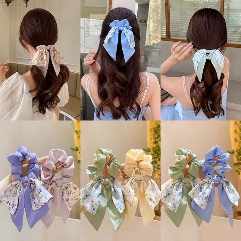 Korea Floral Bogen Scrunchies Für Frauen Satin Lange Band Pferdeschwanz Schal Mädchen Haar Bommeln Drucken Elastische Haar Bands Zubehör – Detail 1