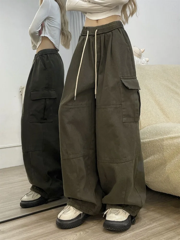 HOUZHOU Vintage Baggy Cargo Pants Women Y2k Sweatpants Drawstring High Waist Pocket Patchwork Wide Leg Pants Oversize Trousers