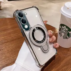 Luxury Transparent Electroplating Anti - Drop Phone Case with Bracket for VIVO Y19E (Silver)