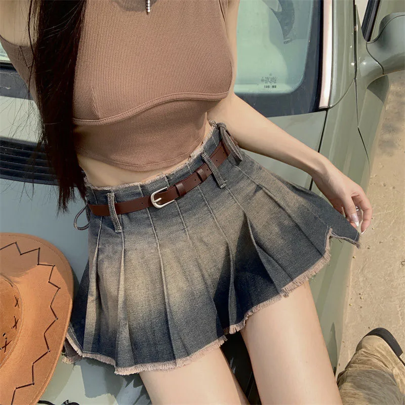

Vintage Denim Skirts Women 2023 Summer Fashion Irregular High Waist Pleated Skirt Woman Y2K Sexy Hot Chick Mini Skirts