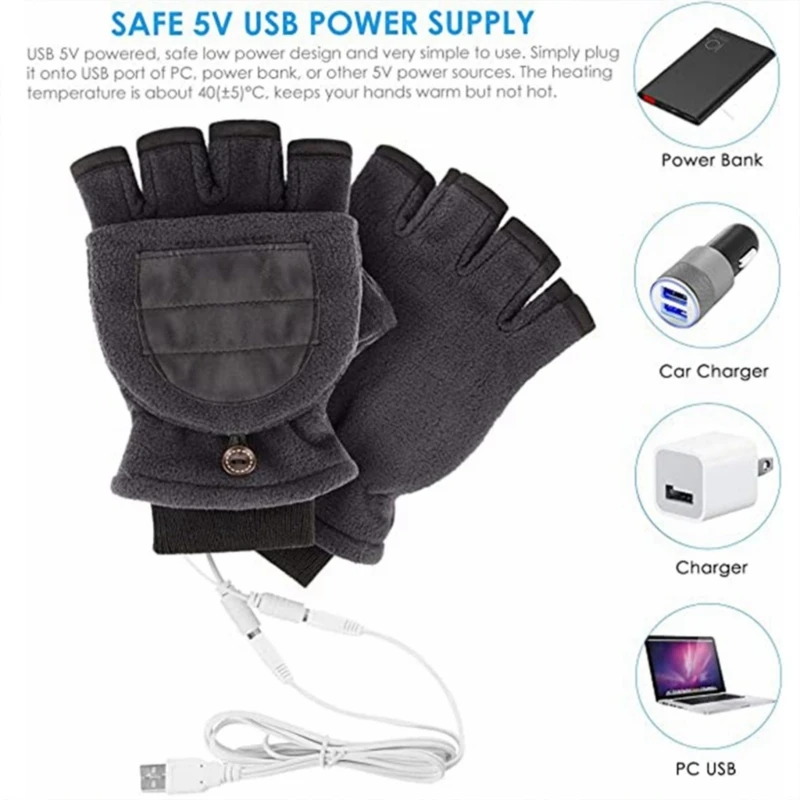 Heated Fingerless Gloves usb Thermal Touchscreen Fleece Split