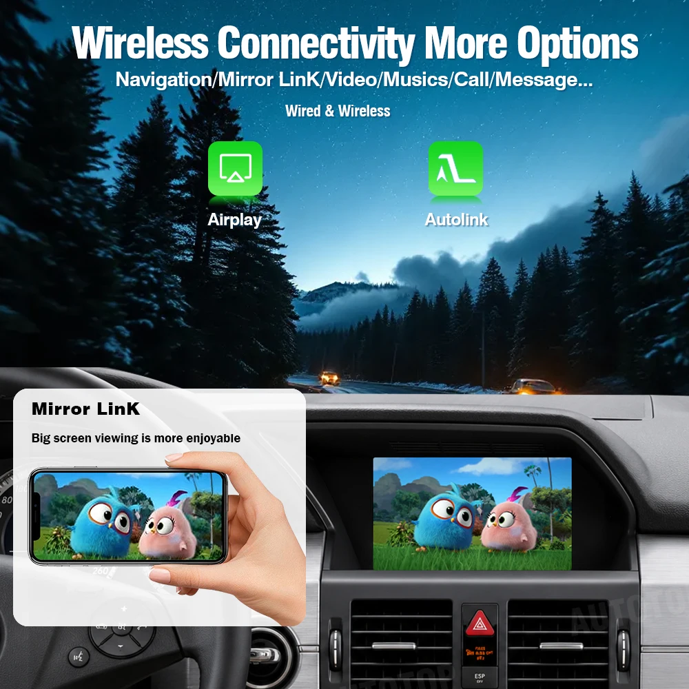 AUTOTOP Pantalla multimedia para coche de 7 pulgadas que conserva el estilo original de fábrica, pantalla táctil para Benz GLK X204 2008-2015 NTG4.0/4.5, radio Linux con CarPlay inalámbrico, Android Auto, navegación GPS, asistente de Google Siri, pantalla de tablero con velocidad y RPM en tiempo real, cámara de respaldo 4