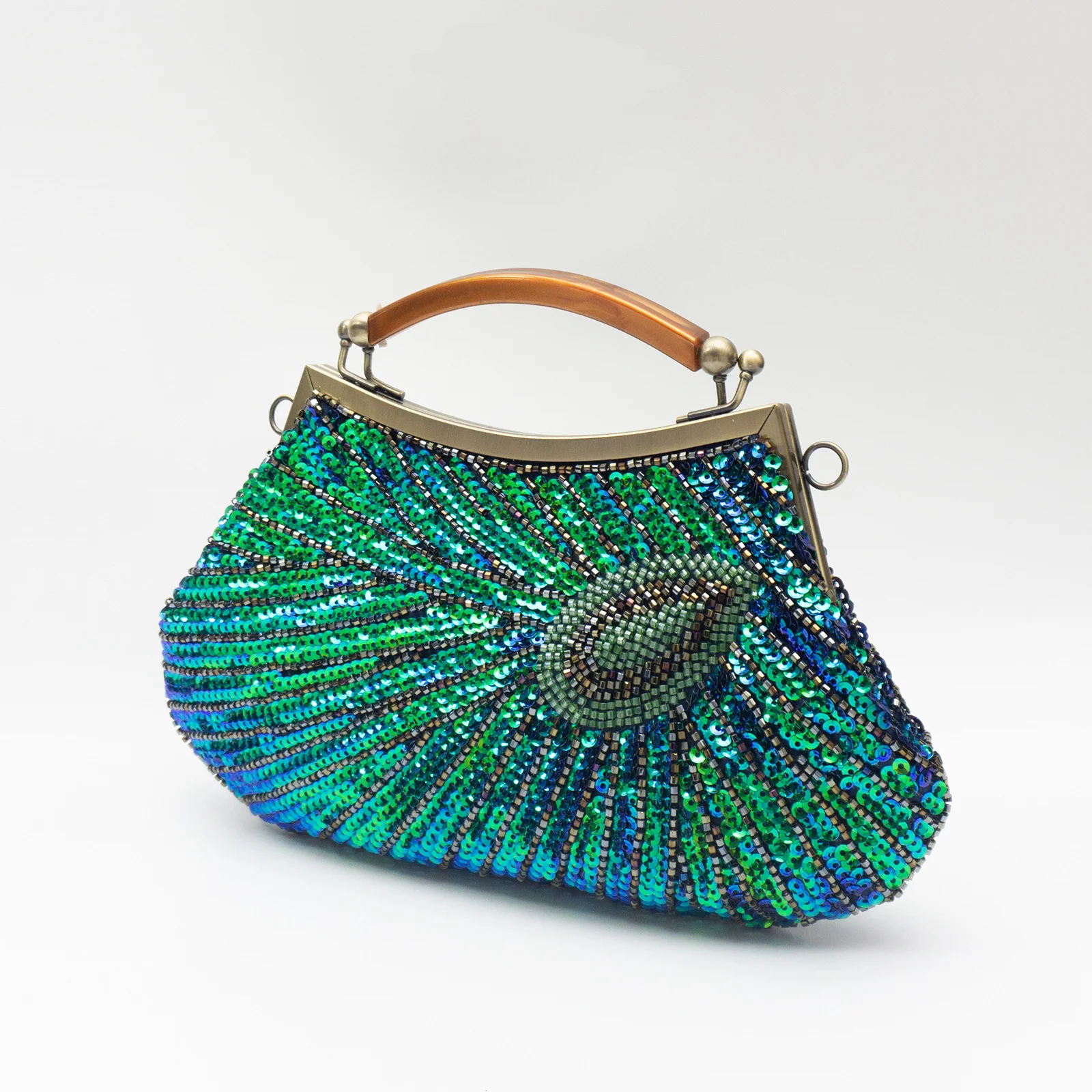 Fashionable Temperament Hand-held Peacock Feather Bead Sequin Bag Exquisite Handmade Retro Evening Dress Ball And Dinner Bag_voghion.com
