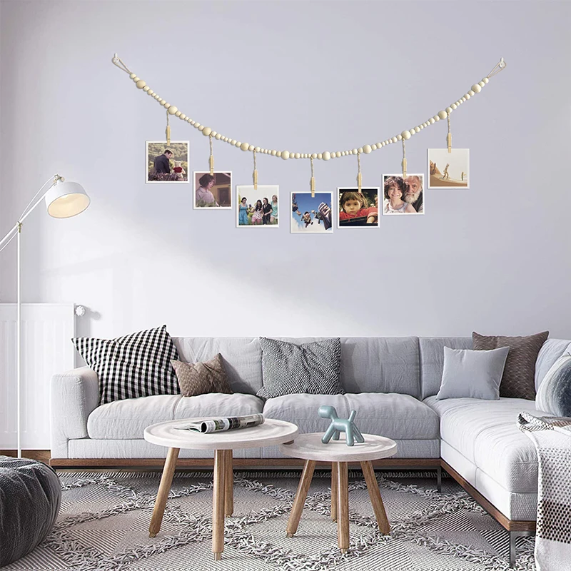Wall Hanging Photo Display With Clips Wooden Beads Garland Collage Picture Frame DIY Wall Decor Photo Holder Multi-style Frame