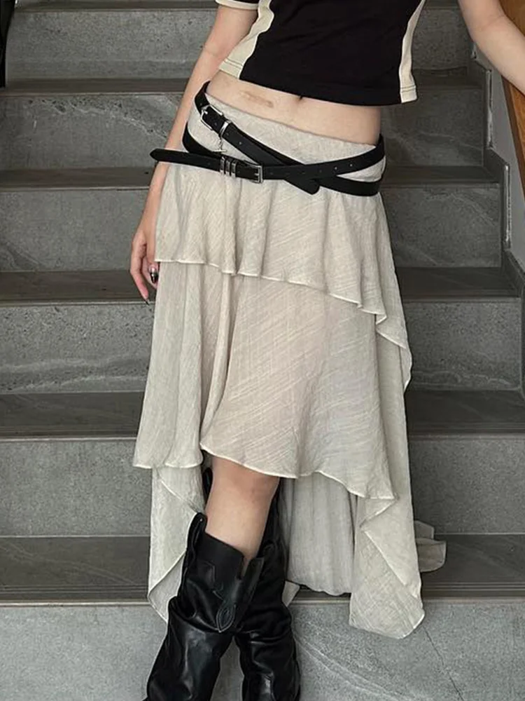

White Fairycore Long Skirts For Women Low Waist A Line Asymmetrical Ruffles Tiered Midi Skirt Vintage Summer Holiday