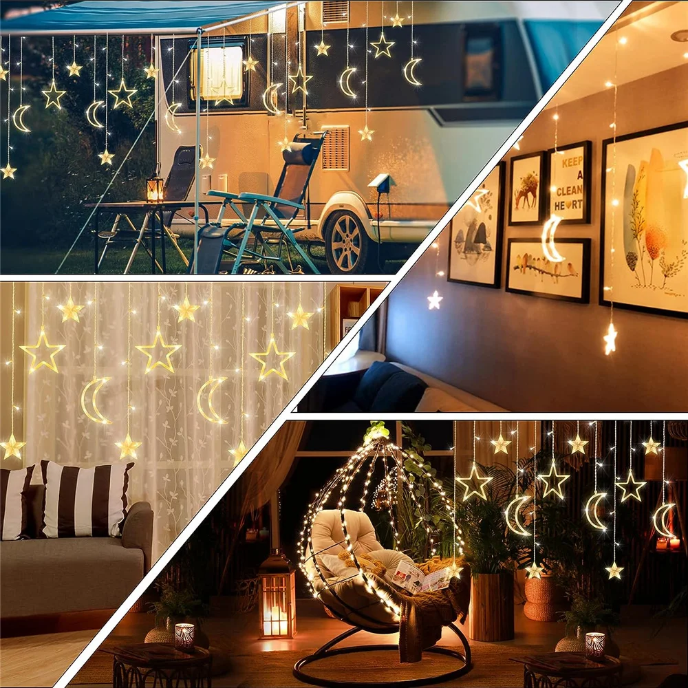 220V 138 LEDs Curtain Lights Christmas Moon Star Window Fairy String Lights for Indoor Window Patio Kid Bedroom Decoration