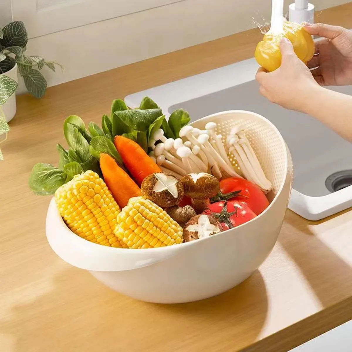 Rice Bowl Drain Basket Kitchen Multi-purpose Rice Washing Machine Fruit Bowl Washing Drain Basket with Handle Home Organizer