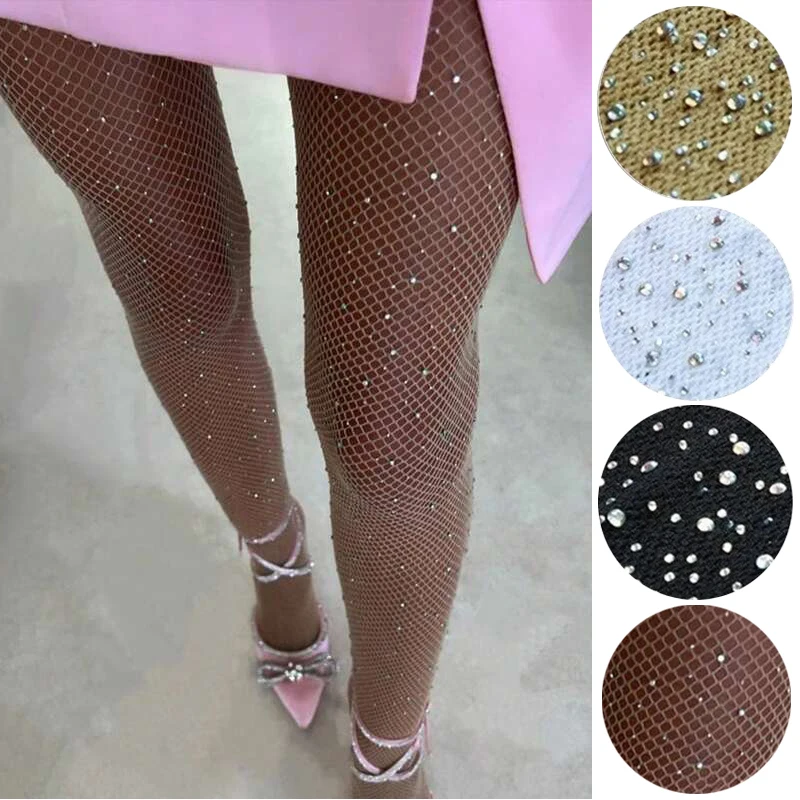 Collant a rete con diamanti estivi 2024 per le donne collant a rete lucidi di moda Sexy collant con calze di Nylon a rete con strass sottili femminili