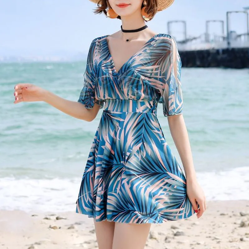 

2023 New Fashionable Beach Low Back Women's One Piece Swimsuit Padded V Neck Sexy Contrast Color Printed High Waisted Bikini Set