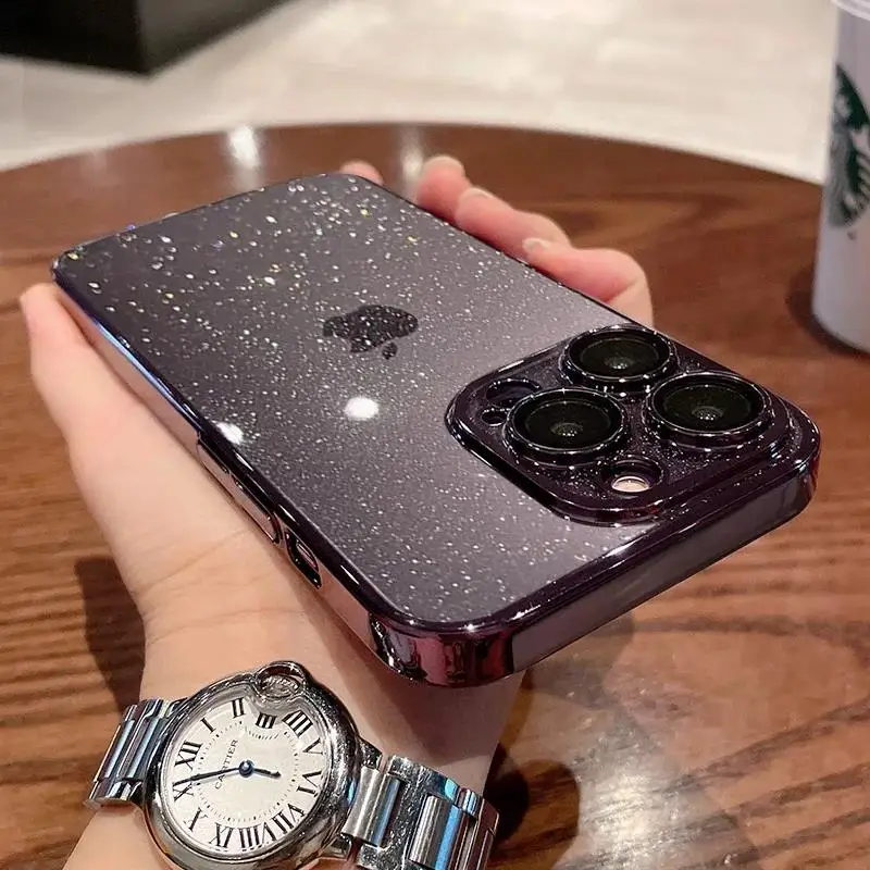 Luxury Transparent Glitter Phone Case with Electroplated Bumper and Shockproof Clear Back Cover