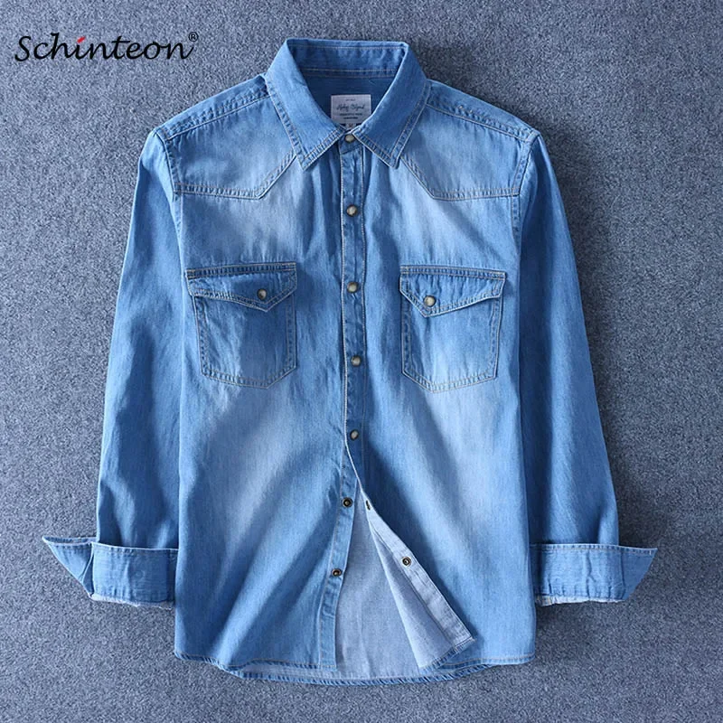Schinteon Spring Autumn Men Denim Thin Shirt Long Sleeve Soft Cotton Two Pockets Slim Slight Elastic Jeans Cowboy 4XL