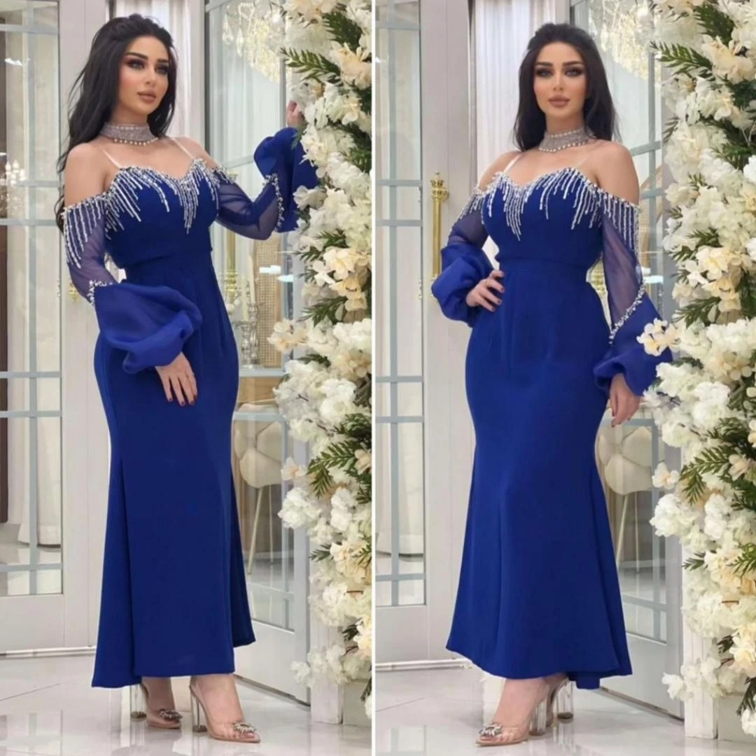 

Meetlove Three Quarter Prom Dresses Ankle-Length Beaded Stain Zipper Up V-Neck Wedding Party Women A-Line Grace 2023