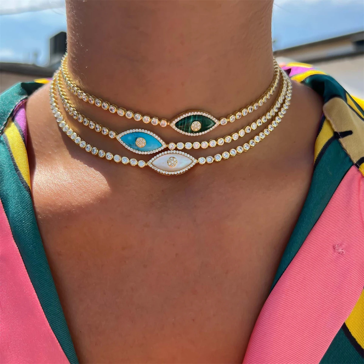 Luxe Crystal Evil Eye Layered Choker Necklace S040f34b294934aab9c84b3dc0d8d18baQ