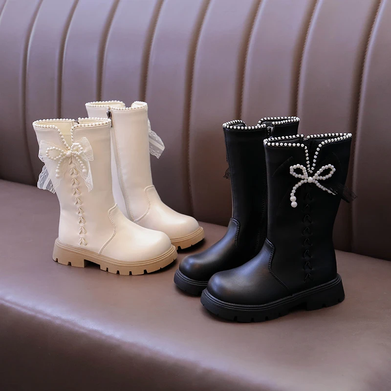 Girls Leather Mid Calf Boots Winter Kids Boots