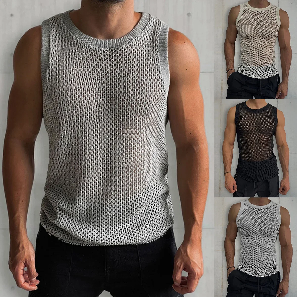 

2023 Fashion Hollow Knitted Vest Summer Men's T Shirt Solid Casual O-Neck Pullover Sexy 2yk Tight Unisex Sleeveless Top for Man