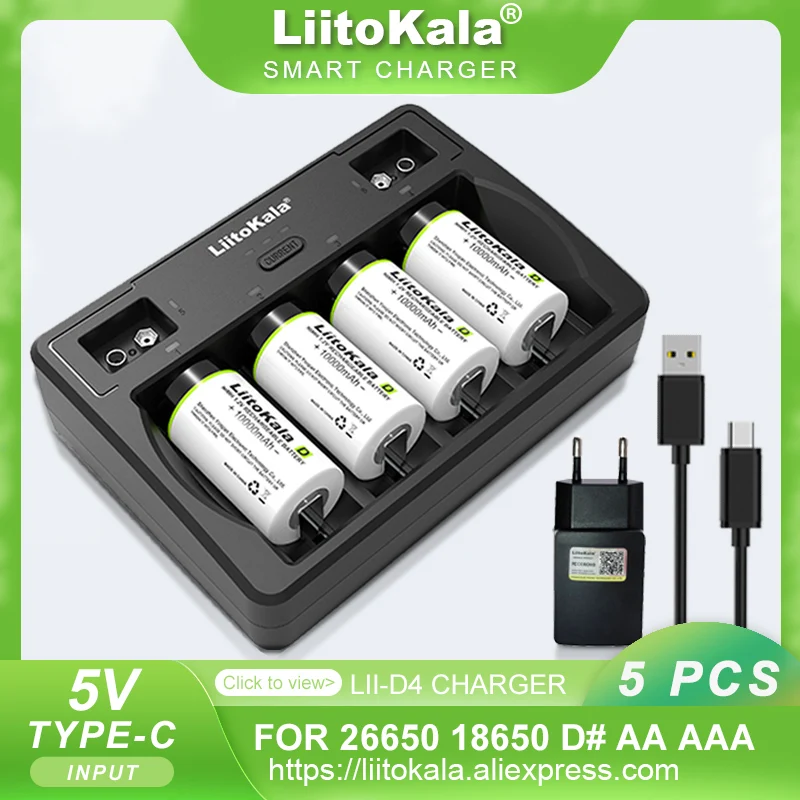 

5PCS LiitoKala Lii-D4 9V 26650 18650 21700 18500 26700 16340 22650 AA AAA C SC D 3.7V 1.2V Lithium NiMH Battery Charger 5V 2A