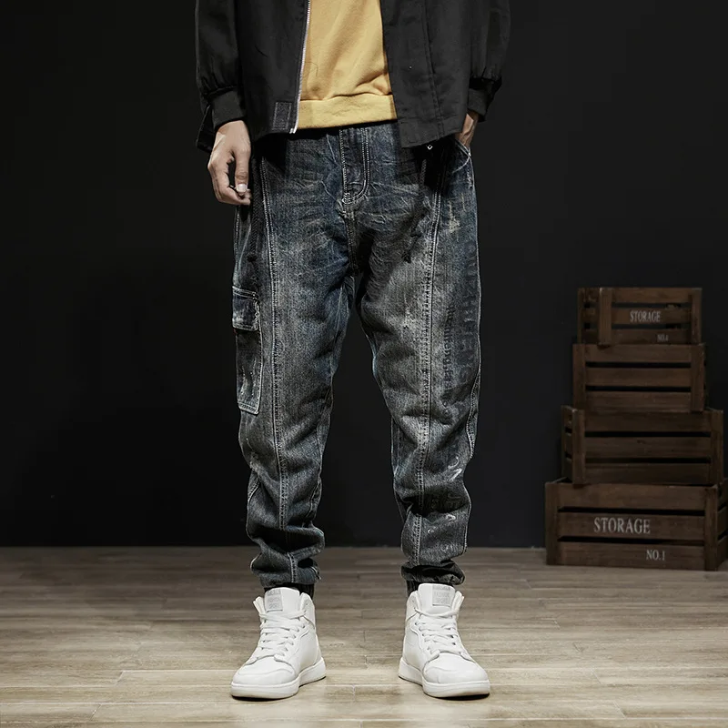 

Newly Designer Fashion Loose Ripped Jeans Men Retro Blue Casual Denim Cargo Pants Hombre Printed Designer Hip Hop Joggers Men