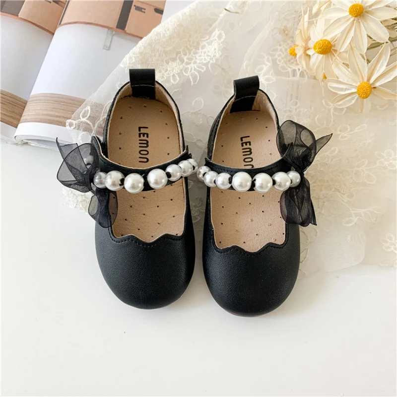 Autumn Girls Children Solid Leather Shoes Cute Pearl Mesh Lace Soft Sole Princess Shoes Newborn Kids Elegant Casual Dance baby shoes kids shoes